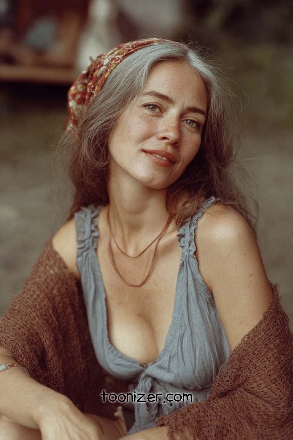 Woman with a headscarf and shawl smiling