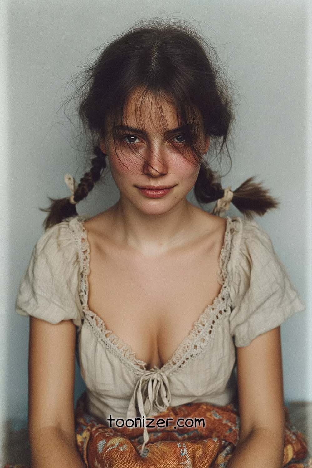 Woman with braided hair and lace top.