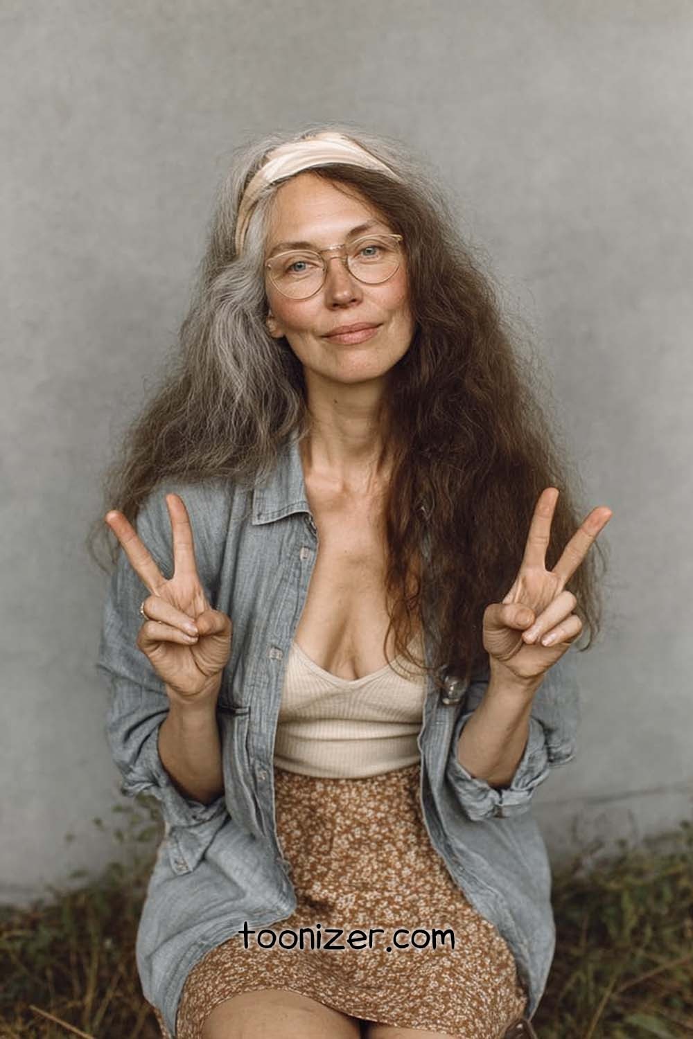 Woman showing peace signs with hands.