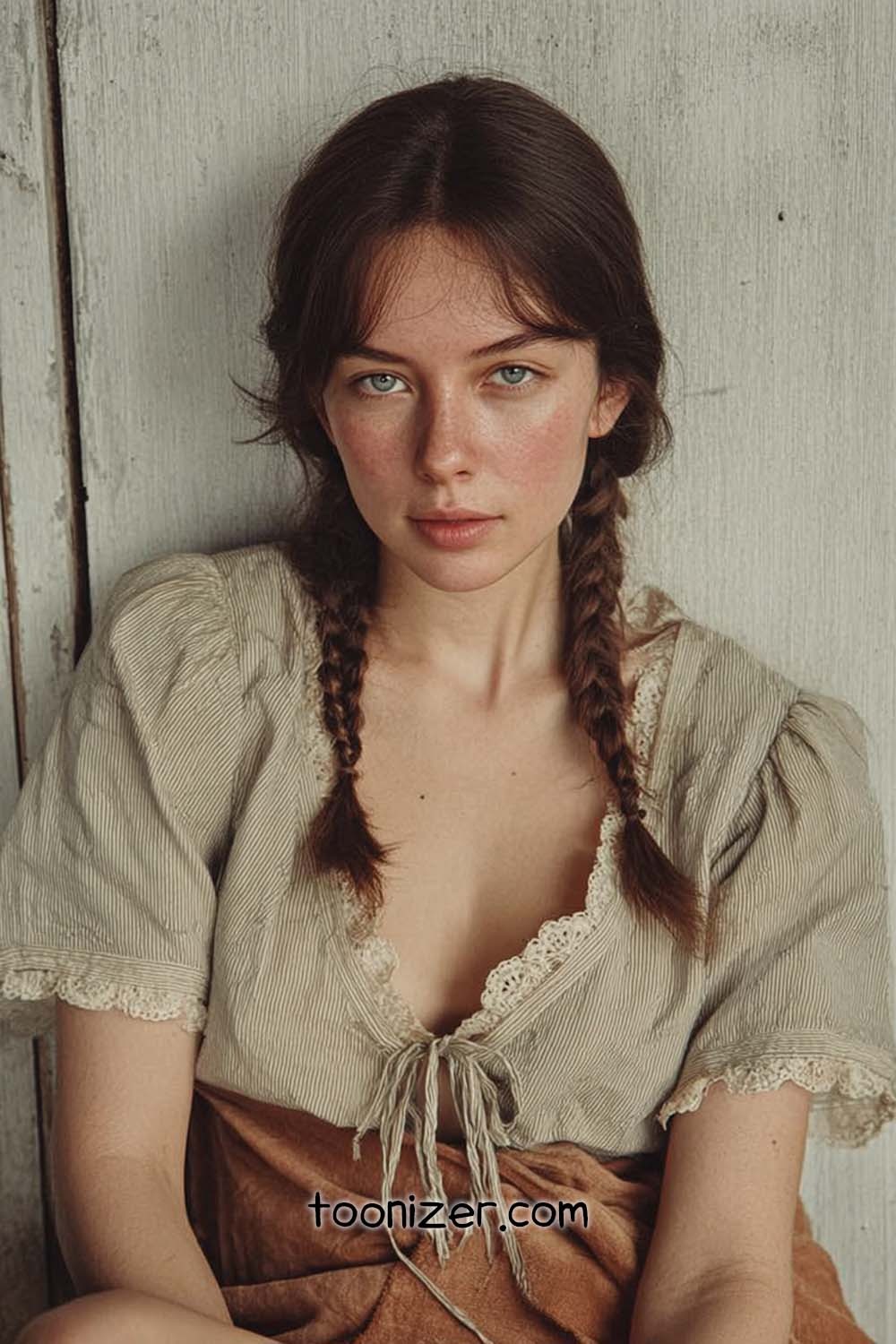 Woman with braids sitting against a wooden wall