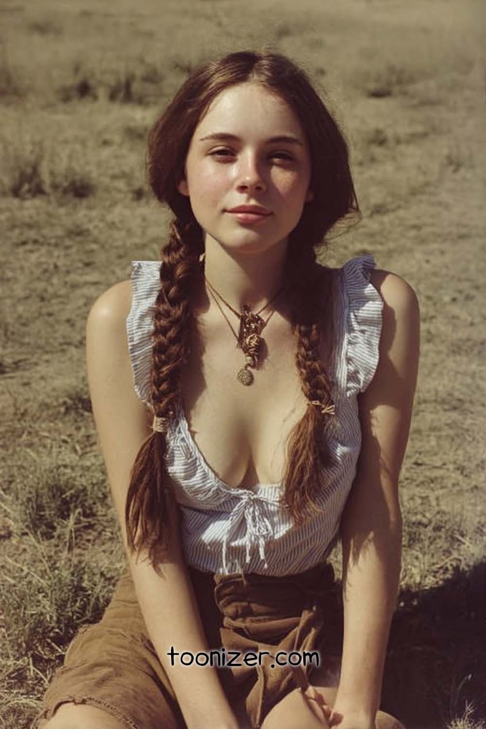 Woman sitting in a dry field.