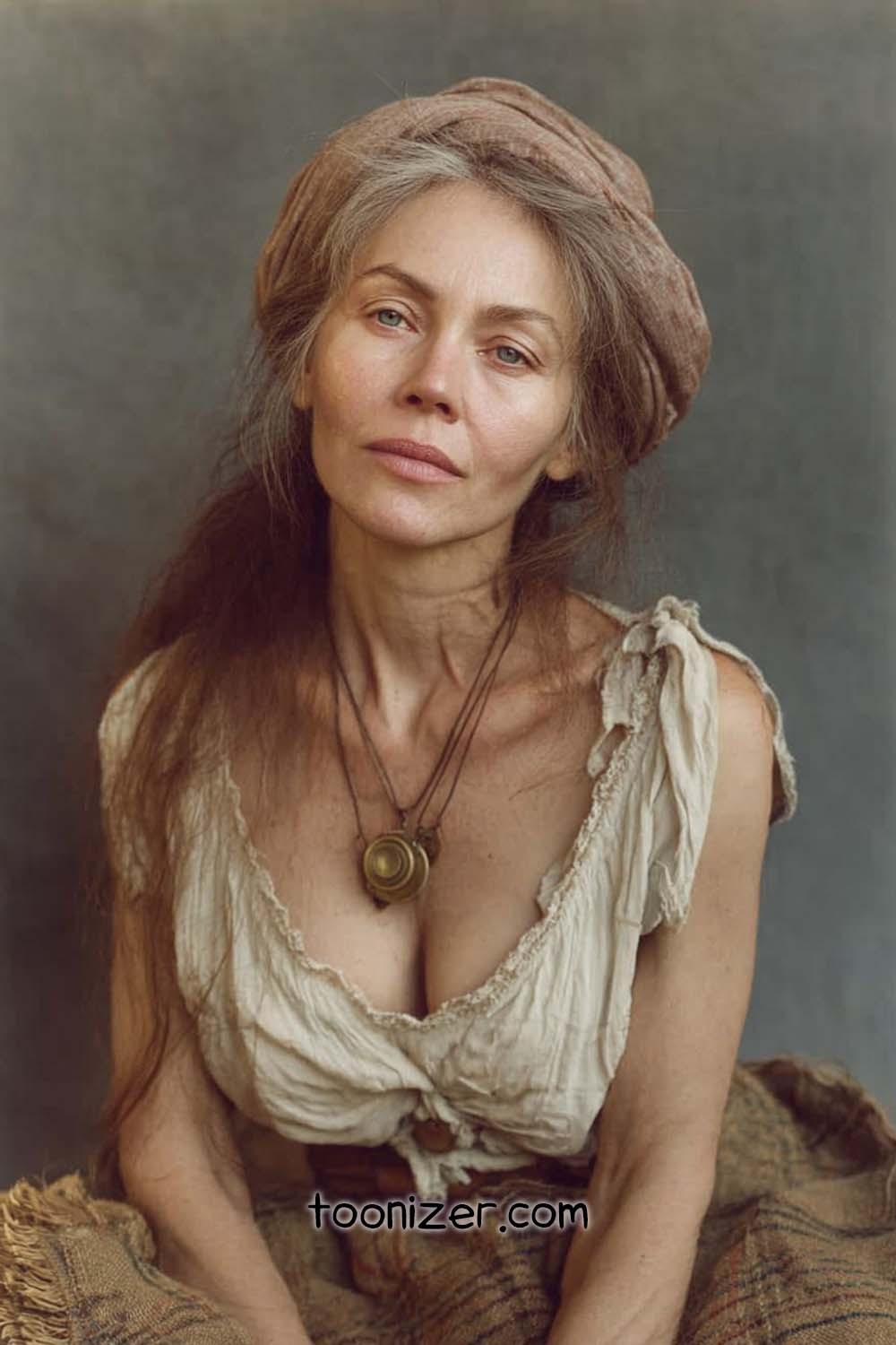 Woman in vintage attire with headscarf