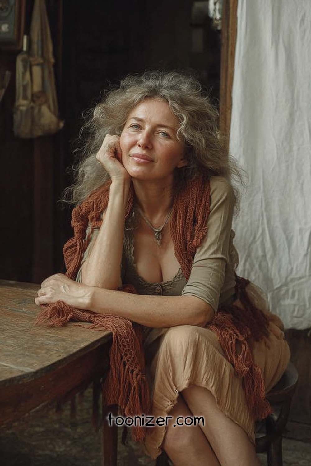 Woman with curly hair sitting by a table