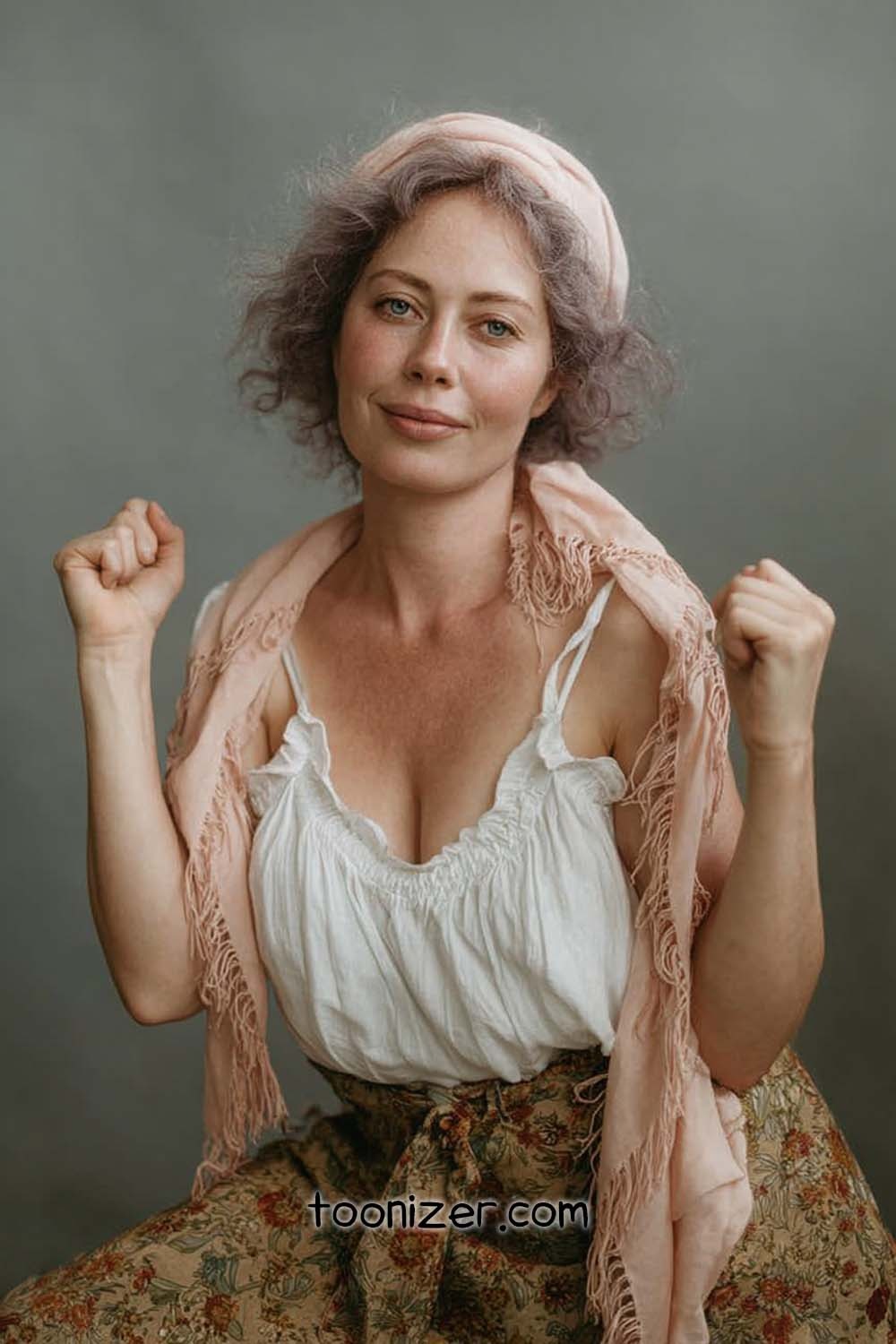 Woman in vintage attire posing playfully.