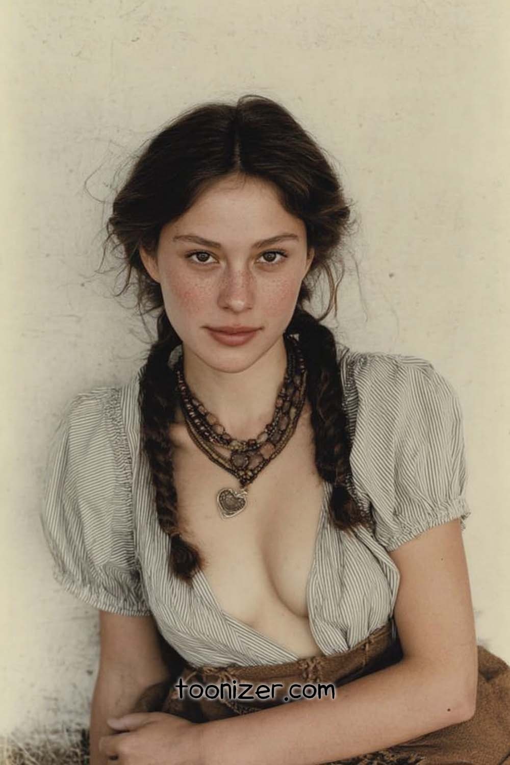 Woman with braided hair and layered necklaces.