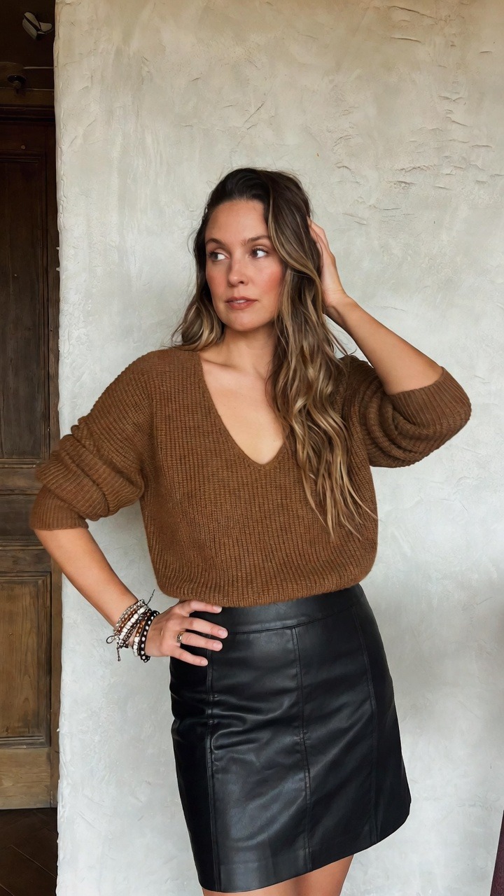Woman in brown sweater and black skirt