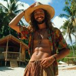 Smiling man in straw hat on tropical beach
