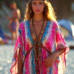 Woman in colorful bohemian dress on beach