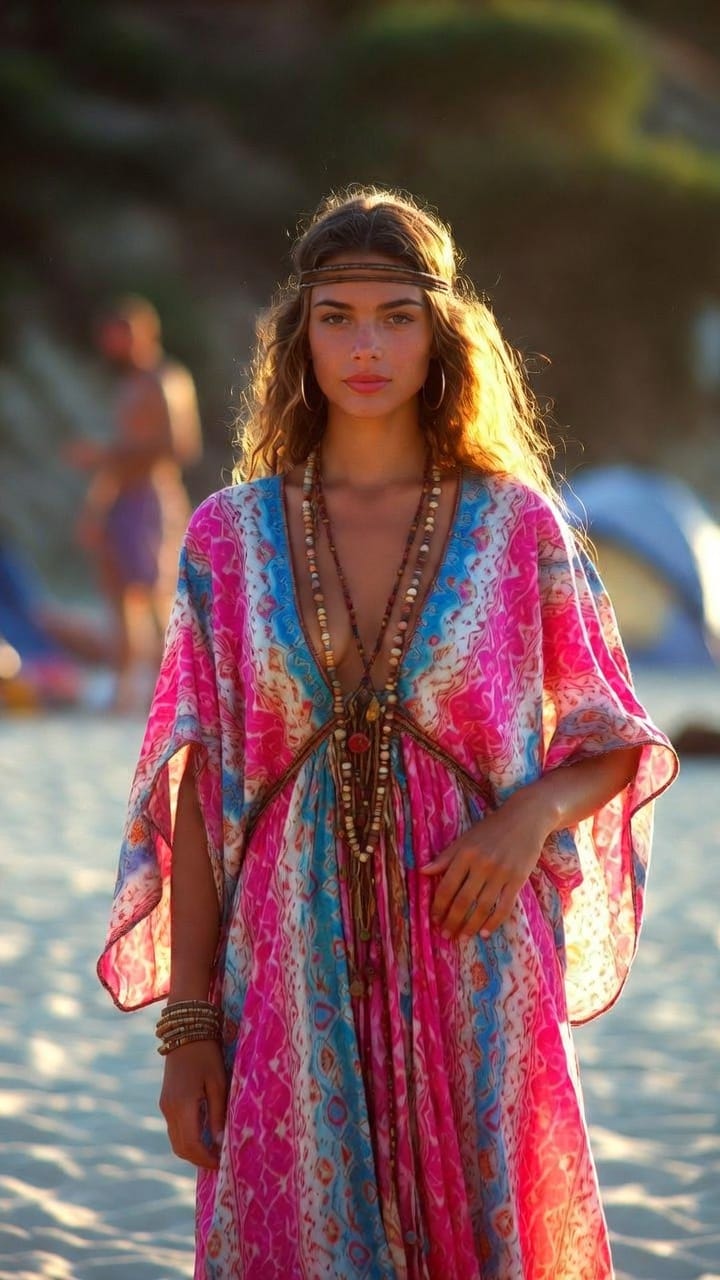Woman in colorful bohemian dress on beach