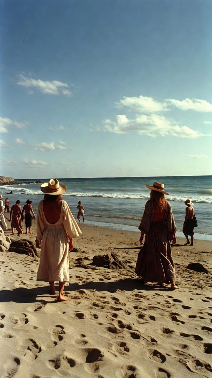People walking toward ocean on sunny beach