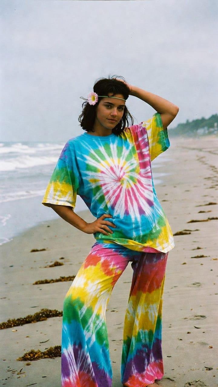 Woman in tie-dye outfit posing on beach