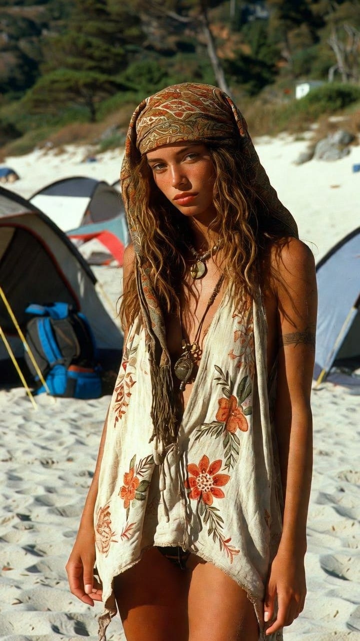 Woman in bohemian dress at beach campsite