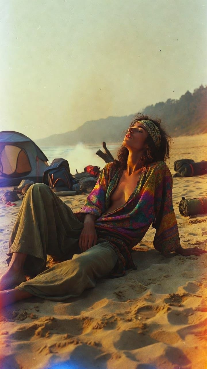 Woman relaxing on beach near campsite at sunset