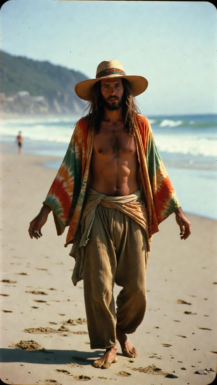 Barefoot man in straw hat walking on beach