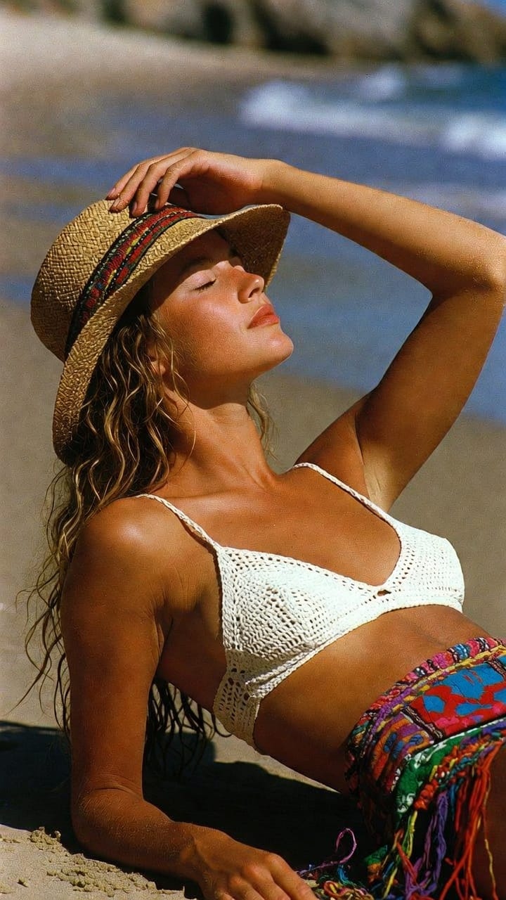 Woman sunbathing on beach wearing straw hat