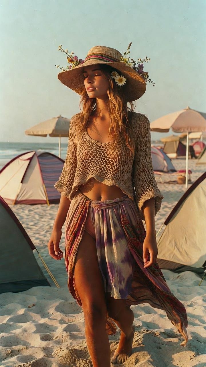 Woman in straw hat walking on beach at sunset