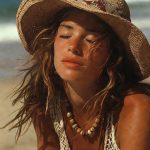 Woman in straw hat relaxing on sunny beach