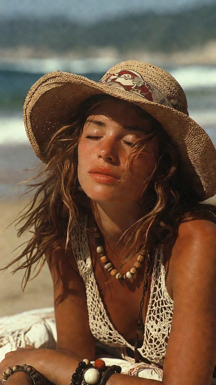 Woman in straw hat relaxing on sunny beach