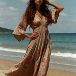 Woman in flowing dress standing on beach