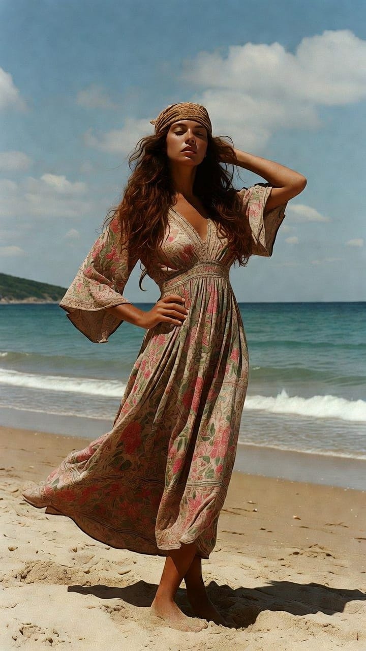 Woman in flowing dress standing on beach