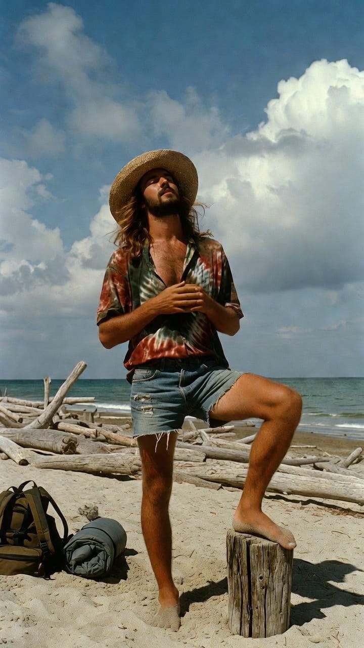 Man standing on beach with driftwood and backpack