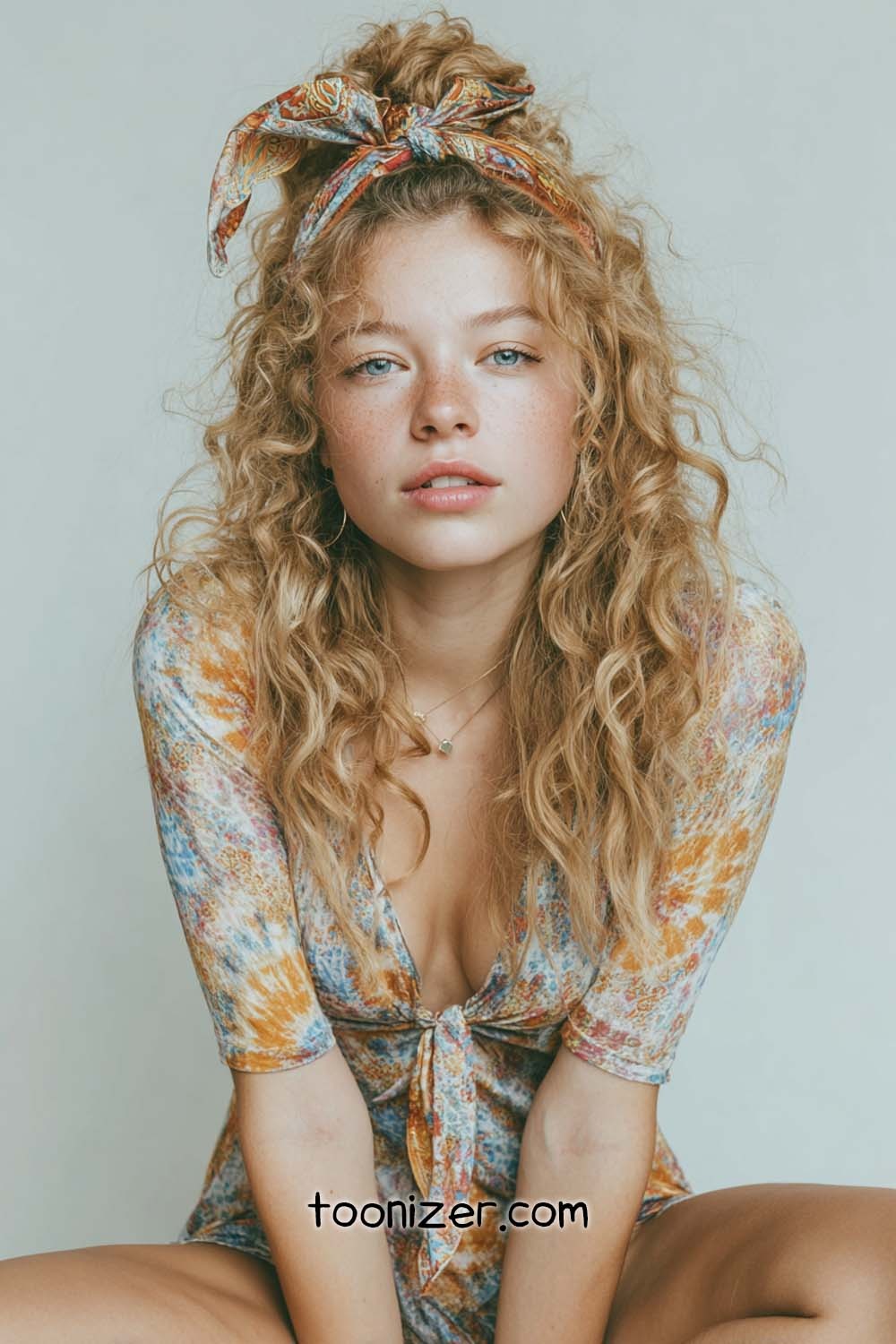 Young woman with curly hair and headscarf
