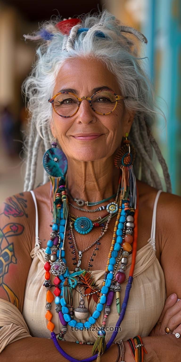 Smiling woman with colorful beads and dreads