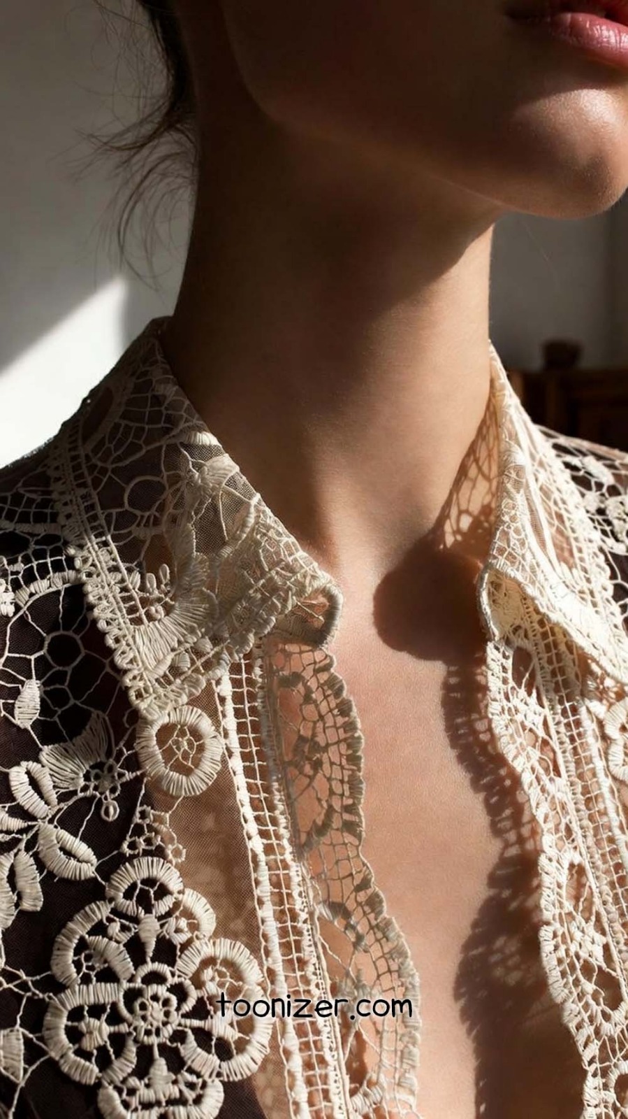 Intricate lace blouse on a woman's neck