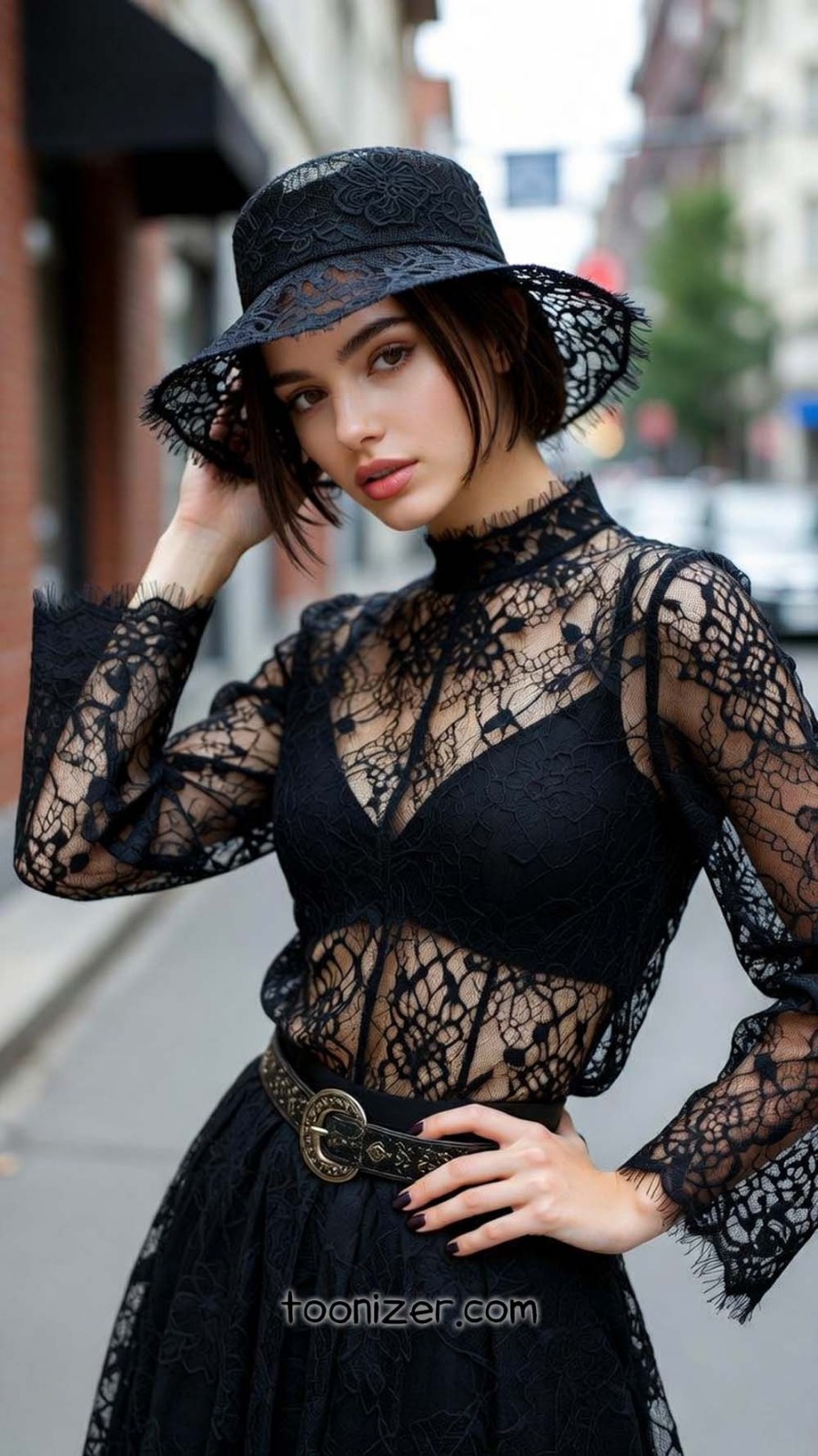 Woman in black lace outfit on street