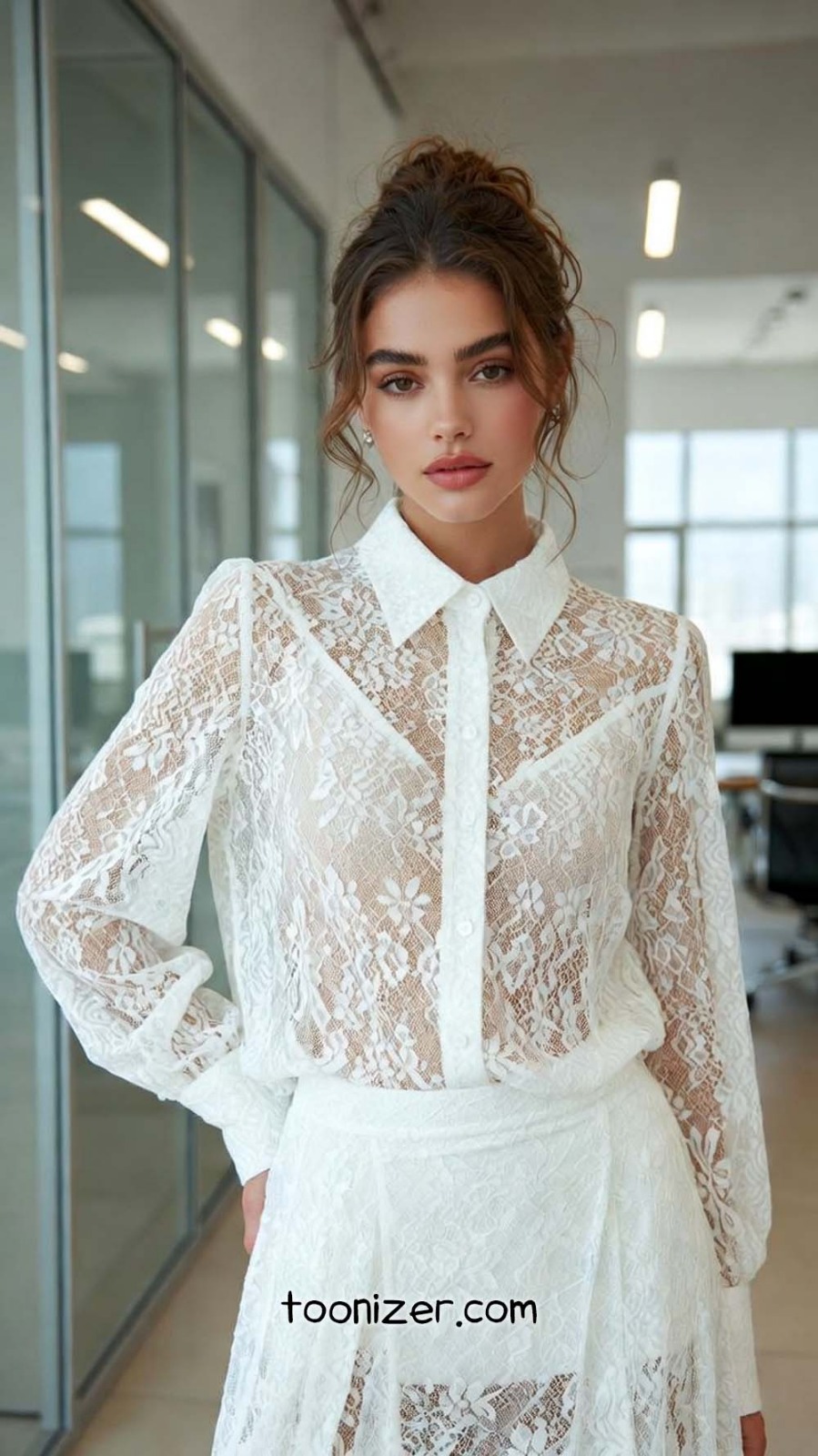 Woman in white lace outfit indoors