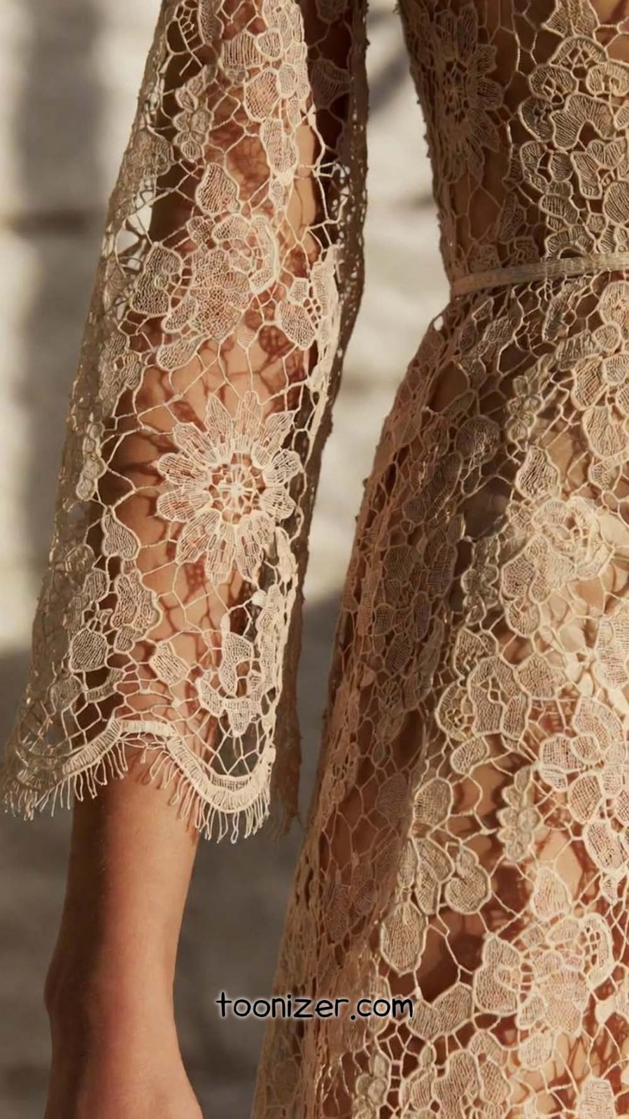 Close-up of floral lace dress sleeve