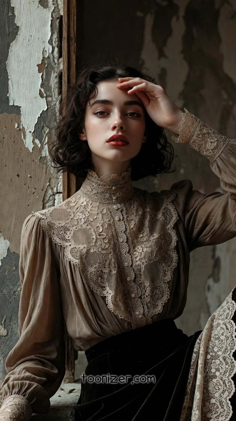 Woman in vintage lace blouse indoors