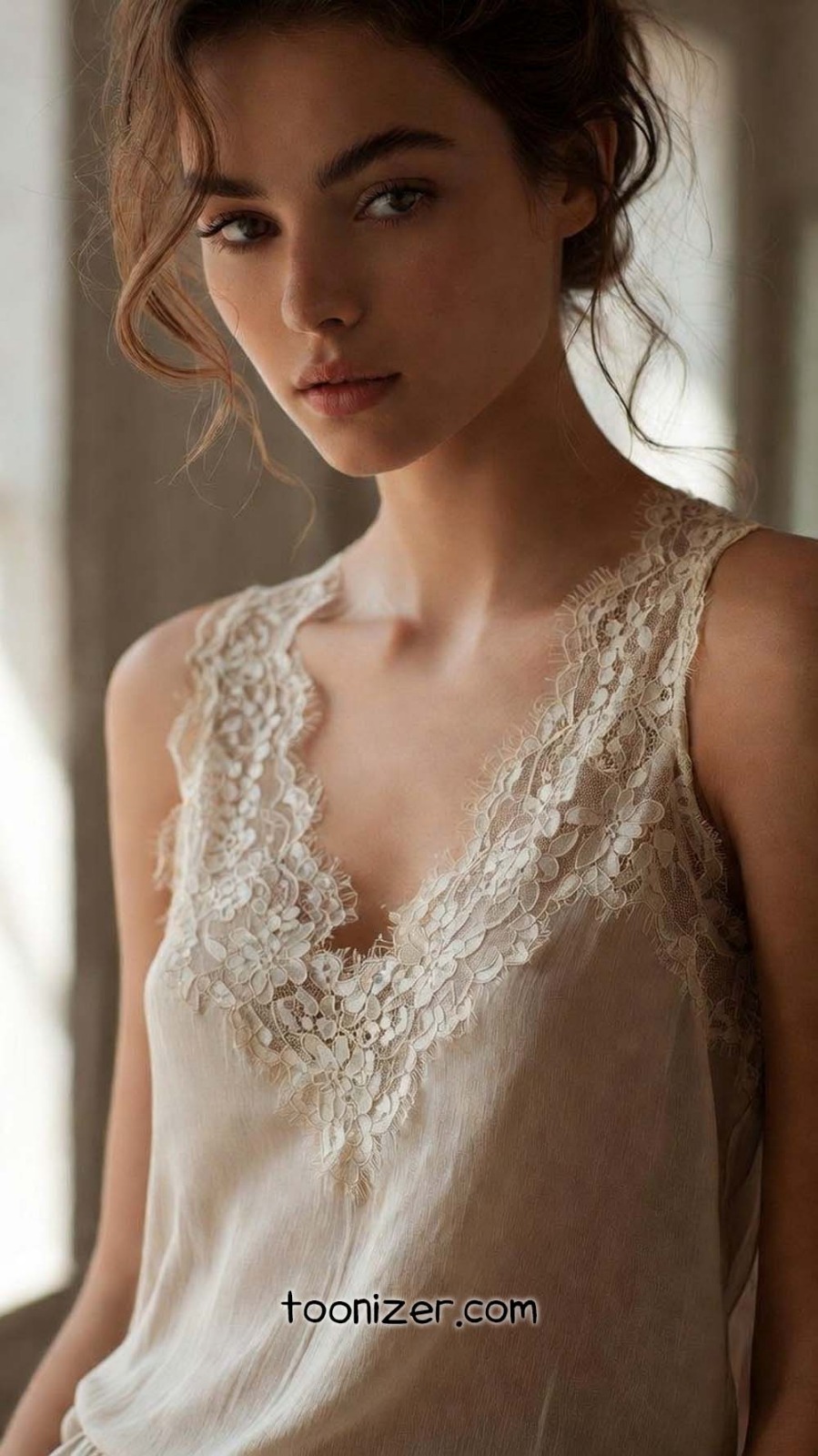 Woman in lace-trimmed dress