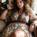 Woman in floral dress and hat sitting indoors