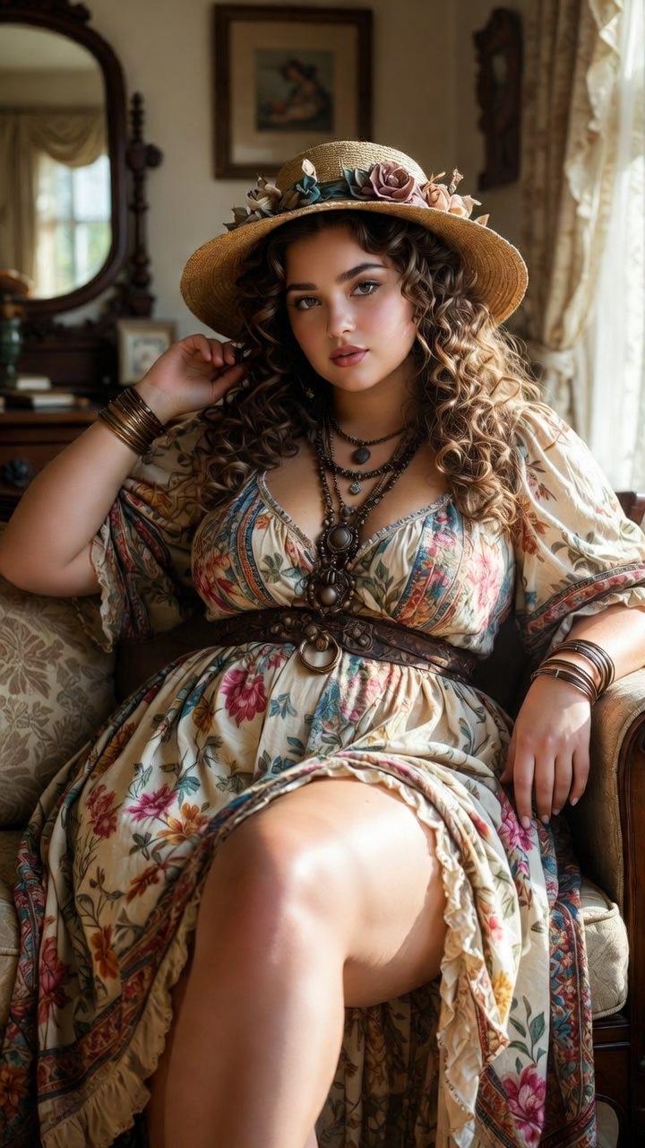 Woman in floral dress and hat sitting indoors