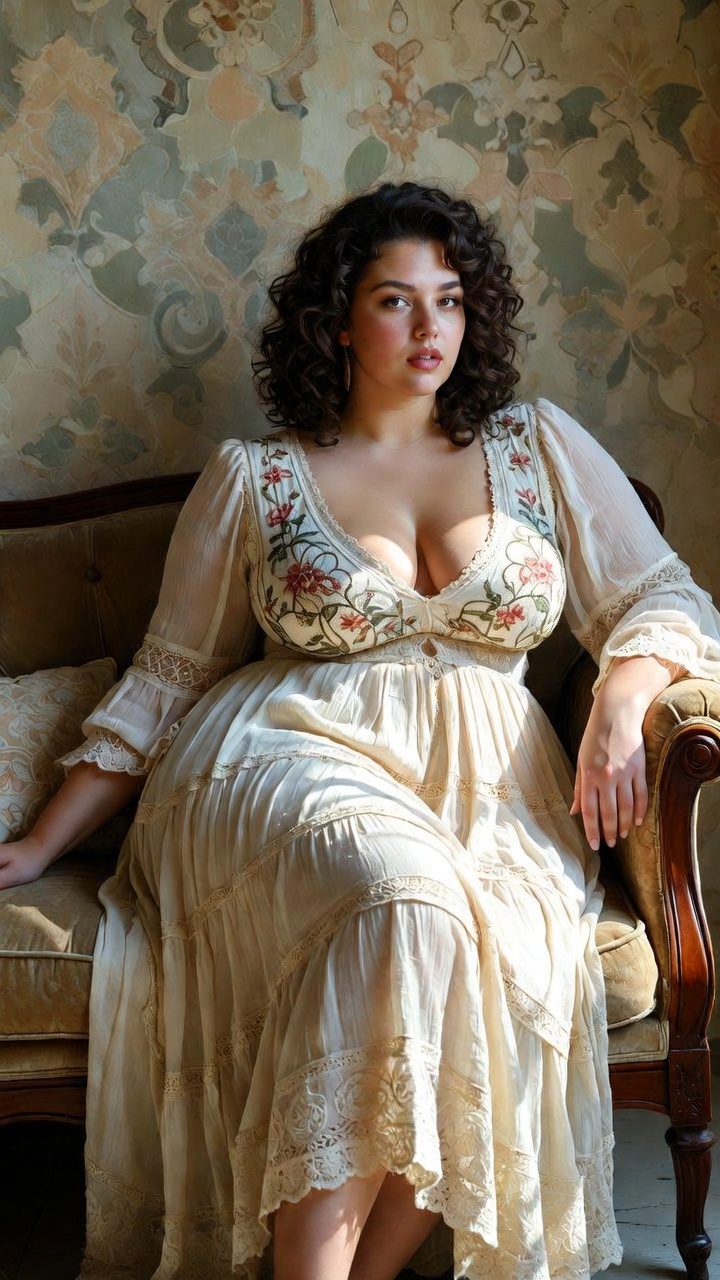 Woman in vintage floral dress on sofa