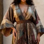 Woman in bohemian-style dress and headscarf.