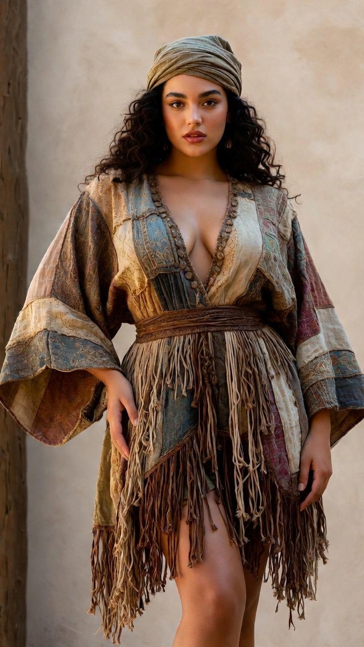 Woman in bohemian-style dress and headscarf.