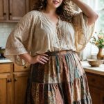 Woman in bohemian outfit in kitchen