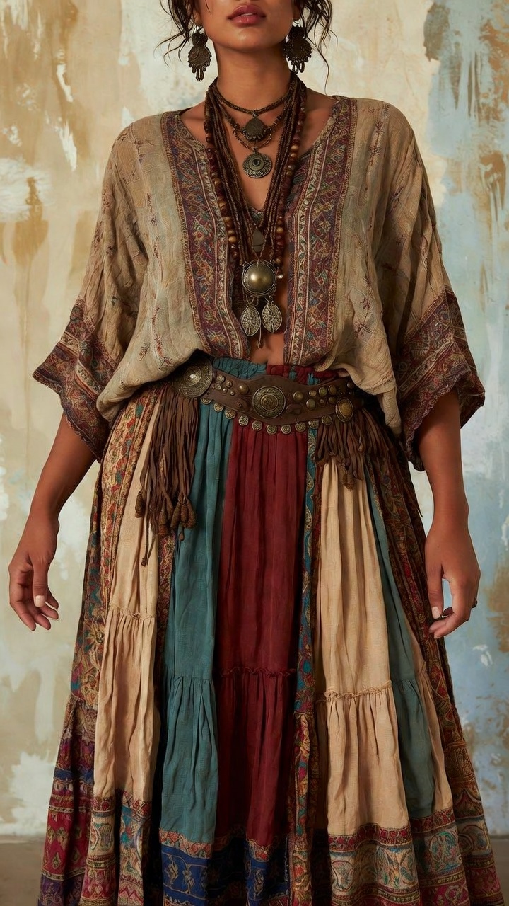 Bohemian fashion ensemble with layered accessories.