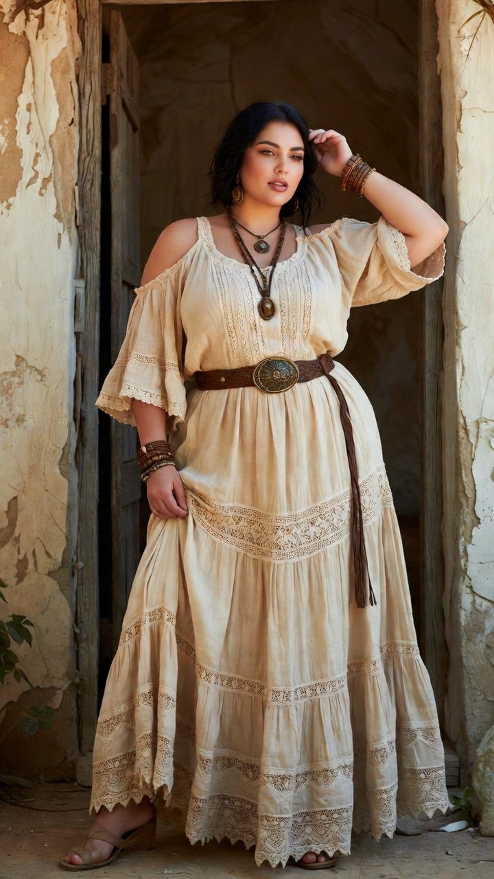Woman in bohemian-style dress standing in doorway