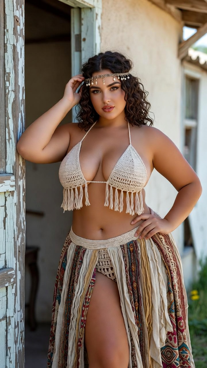 Woman in bohemian crochet outfit