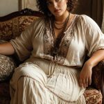 Woman in bohemian dress on vintage sofa