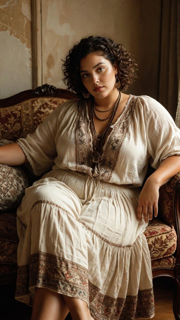 Woman in bohemian dress on vintage sofa