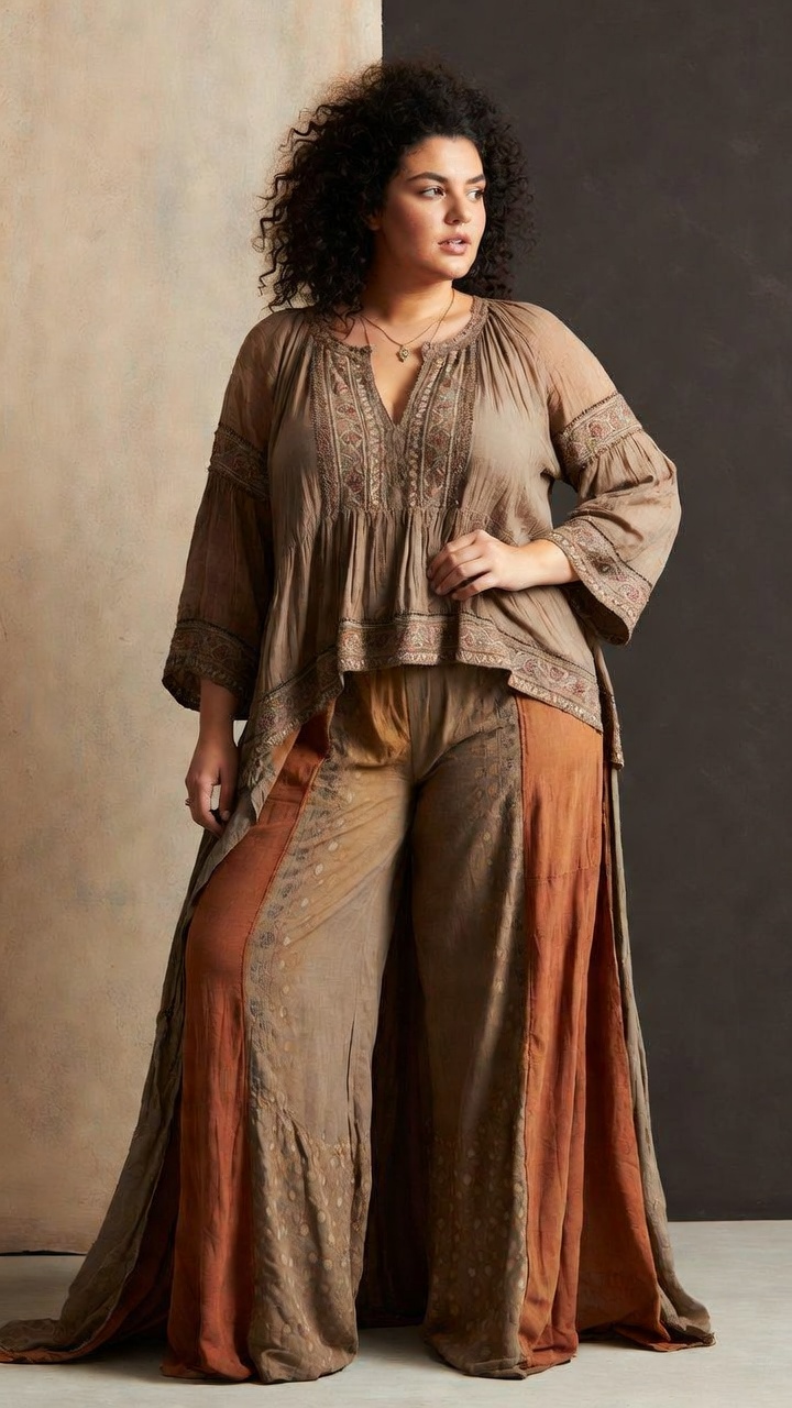 Woman in brown bohemian outfit posing confidently