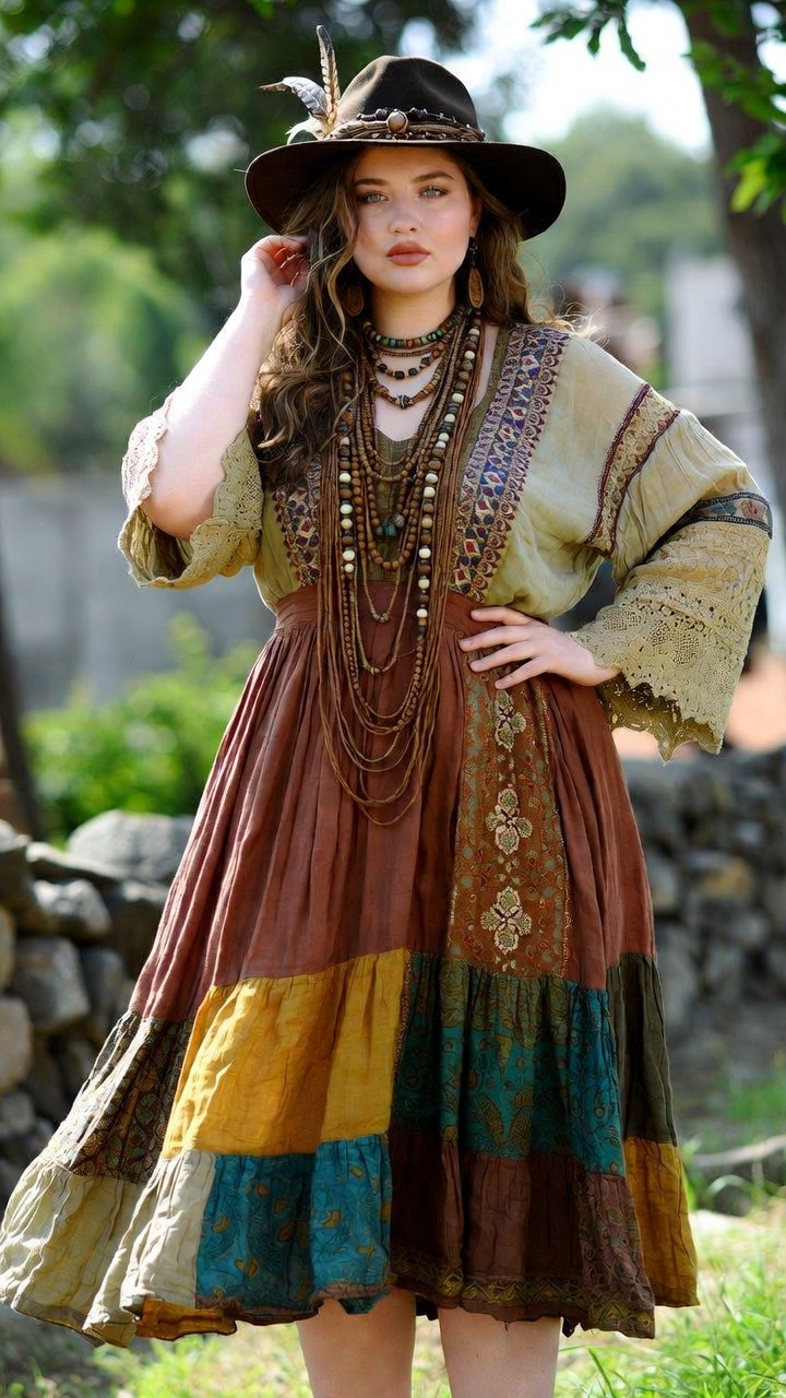 Woman in bohemian dress and hat outdoors