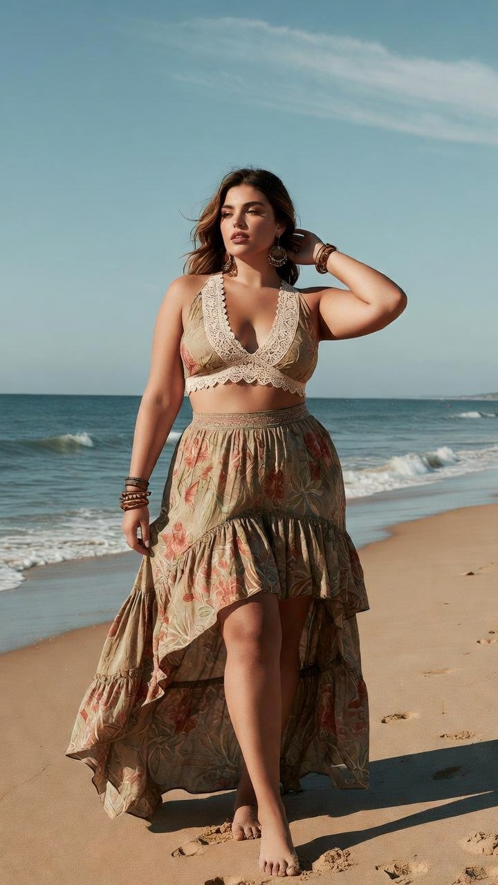 Woman in floral dress on a beach