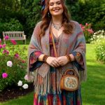 Woman in colorful bohemian outfit in a garden