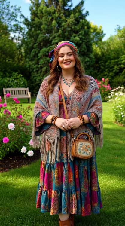 Woman in colorful bohemian outfit in a garden