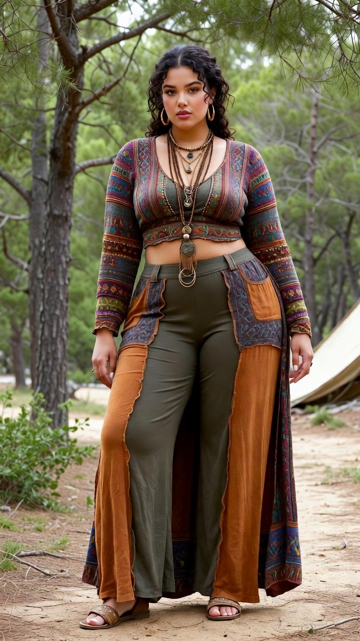 Woman in bohemian outfit in forest